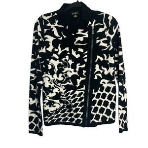 Cartise Black and White Abstract Print Asymmetrical Zippered Cardigan, size S